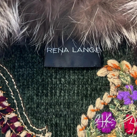 Vintage Rena Lange Cardigan Handmade Knit Embroidered Floral Paisley Fur Collar - Picture 14 of 16